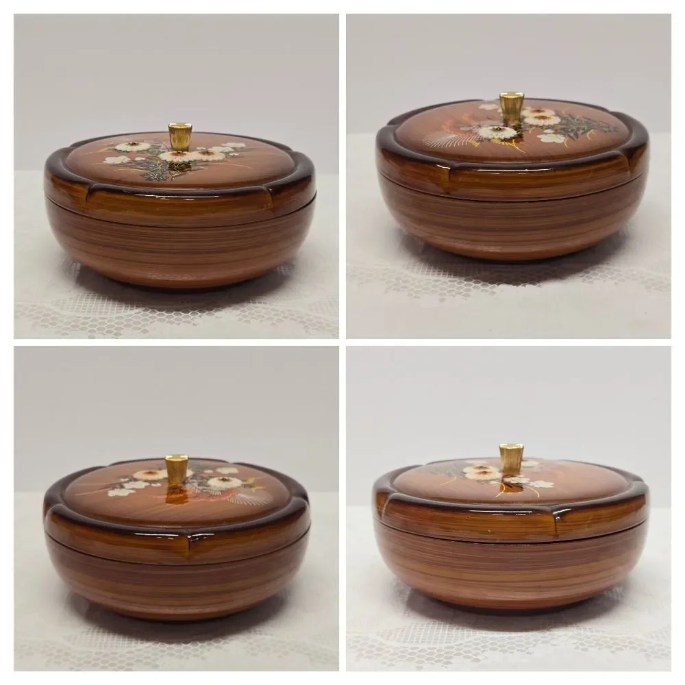 Westland Vintage Japanese Floral Lacquer Rhinestone Round Box Amber Brown